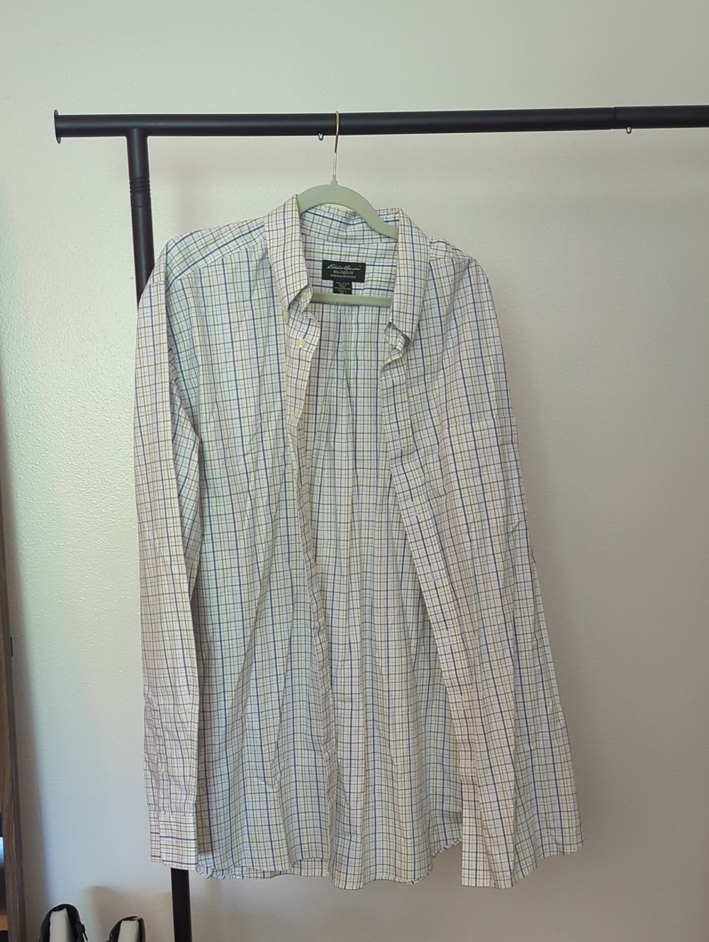 Eddie Bauer Men's White Shirt with Blue & Green Windowpane Checks XL TALL